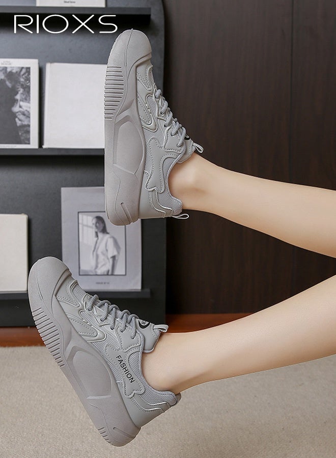 RIOXS Women's Breathable Casual White Sneakers, Fashionable Lace-Up Low-Top Thick-Sole Shoes, Classic Round Toe Comfortable Thick Sole, Versatile Everyday Style for Fashion and Practicality, Grey - Image 3